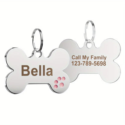 Custom Engraved Bone-Shaped Dog Tag - Personalized Pet ID Tag with Paw Print Design, Durable Metal Slide-On Collar Name Tag