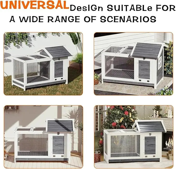 Rabbit Hutch, Outdoor & Indoor - Weatherproof, Wooden Rabbit Cage with Metal Frame Ramp, Removable Wire Netting for Small Animals