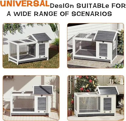 Rabbit Hutch, Outdoor & Indoor - Weatherproof, Wooden Rabbit Cage with Metal Frame Ramp, Removable Wire Netting for Small Animals