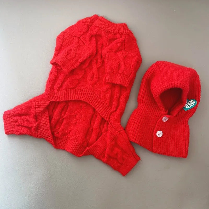 Autumn and Winter Pet Four Legged Knitted Warm Jumpsuit With Hat.