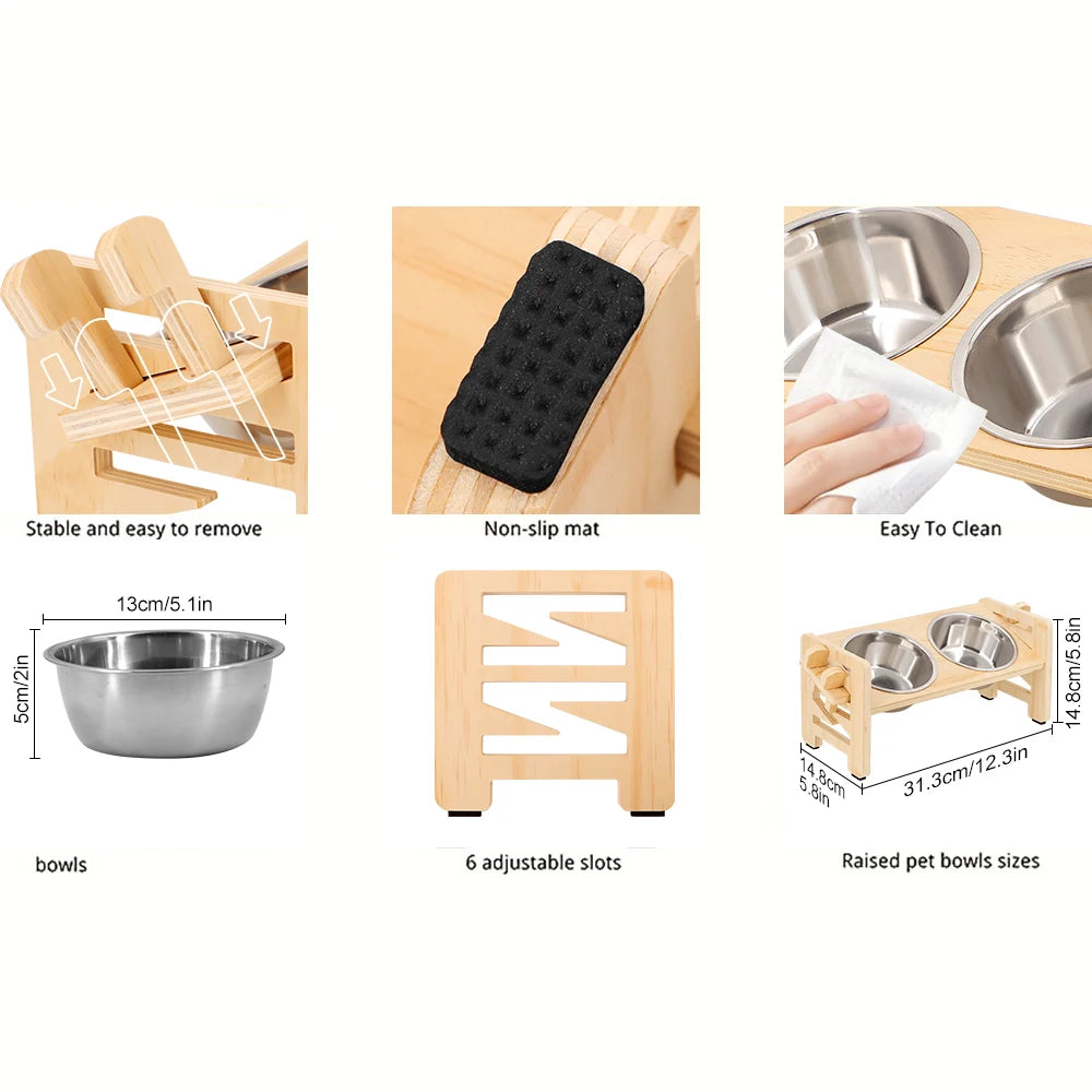 Elevated Small Dog Cat Bowls. Tilted, Adjustable Feeder Stand with 2 Stainless Steel Bowls for Puppies & Cats