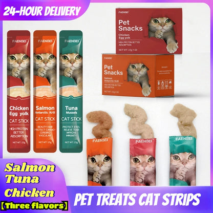 10pcs Cat snacks in the form of strips. Tuna and chicken treats. Pet snacks for cats to gain weight.