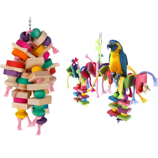 Wooden Parrot Toys. Bird Cage Hanging Chewing Toys. Multicolored Parrot Foraging Blocks for Parrots and Parakeets.