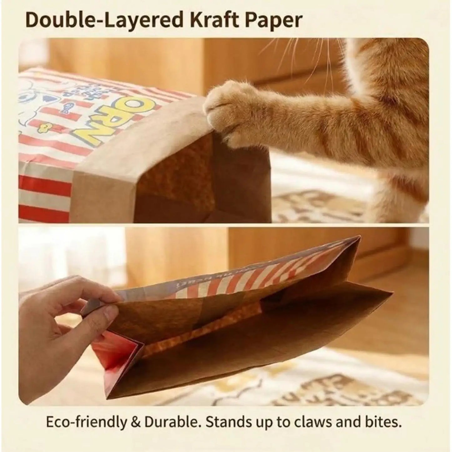 Interactive Pet Paper Bag Toy. Thick Kraft Paper, Dispenses Treats, Makes Crinkle Sound, Reduces Boredom For Cats And Dogs