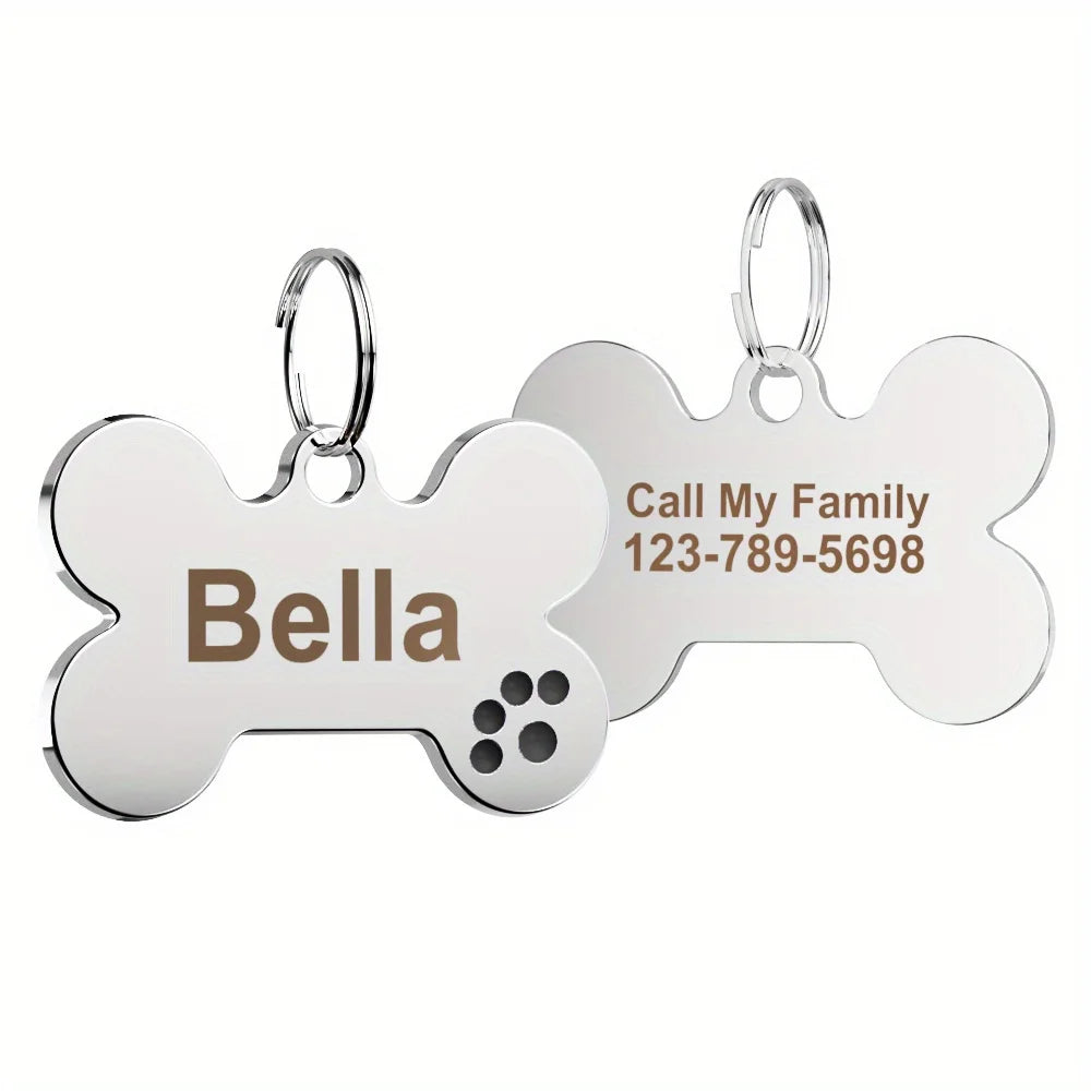 Custom Engraved Bone-Shaped Dog Tag - Personalized Pet ID Tag with Paw Print Design, Durable Metal Slide-On Collar Name Tag