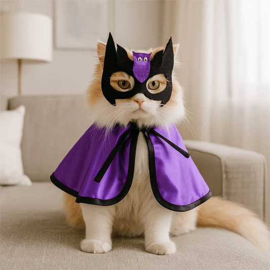 Cute Adjustable Dog Halloween Costume. Decorative Bat Pet Wizard Cloak with Face Mask. Cartoon Dog Wizard Cape. Halloween Party