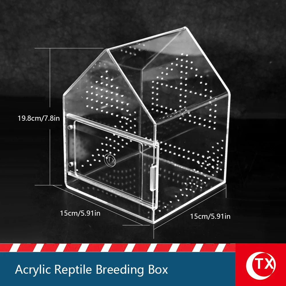House-Shaped Acrylic Reptile Breeding Box. Transparent Pet Habitat for Spiders, Lizards & Insects. Magnetic Door & Breathable