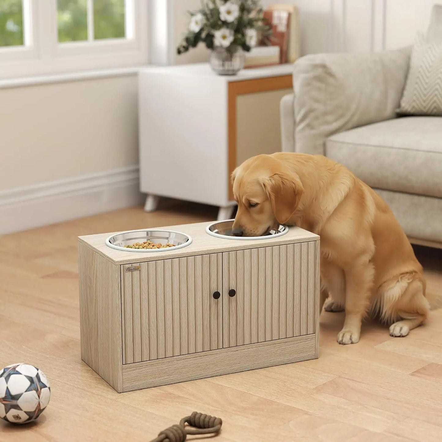 Elevated Dog Bowls with Storage Cabinet, Pet Feeding Station with Slow Feeder & Non-Slip, For Large Pets