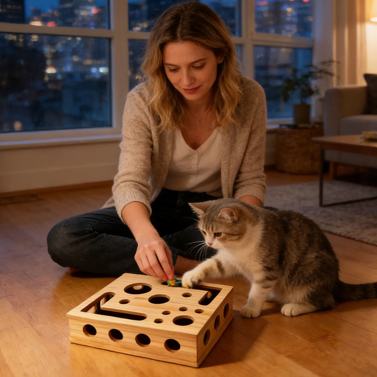 Interactive Frosted Wooden Cat Maze Toy. Pet Treat Dispenser Puzzle Box. Cat Enrichment Plaything. Kitten Foraging Game Feeder