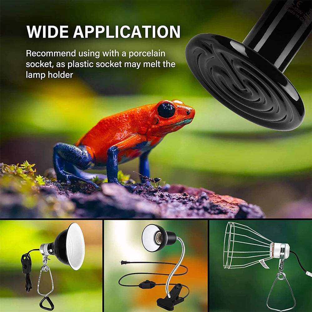 3PCS Reptiles Far Infrared Heating Bulb. 220V/110V 25W 50W 75W 100W E27, Black Ceramic Heat Lamp for Turtle, Snake,  Chameleon