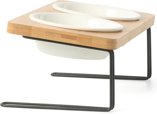 Elevated Cat Ceramic Bowls,15° Tilted & Raised Food Feeding Dishes, Solid Bamboo Water Stand & Feeder Set for Cats and Puppies