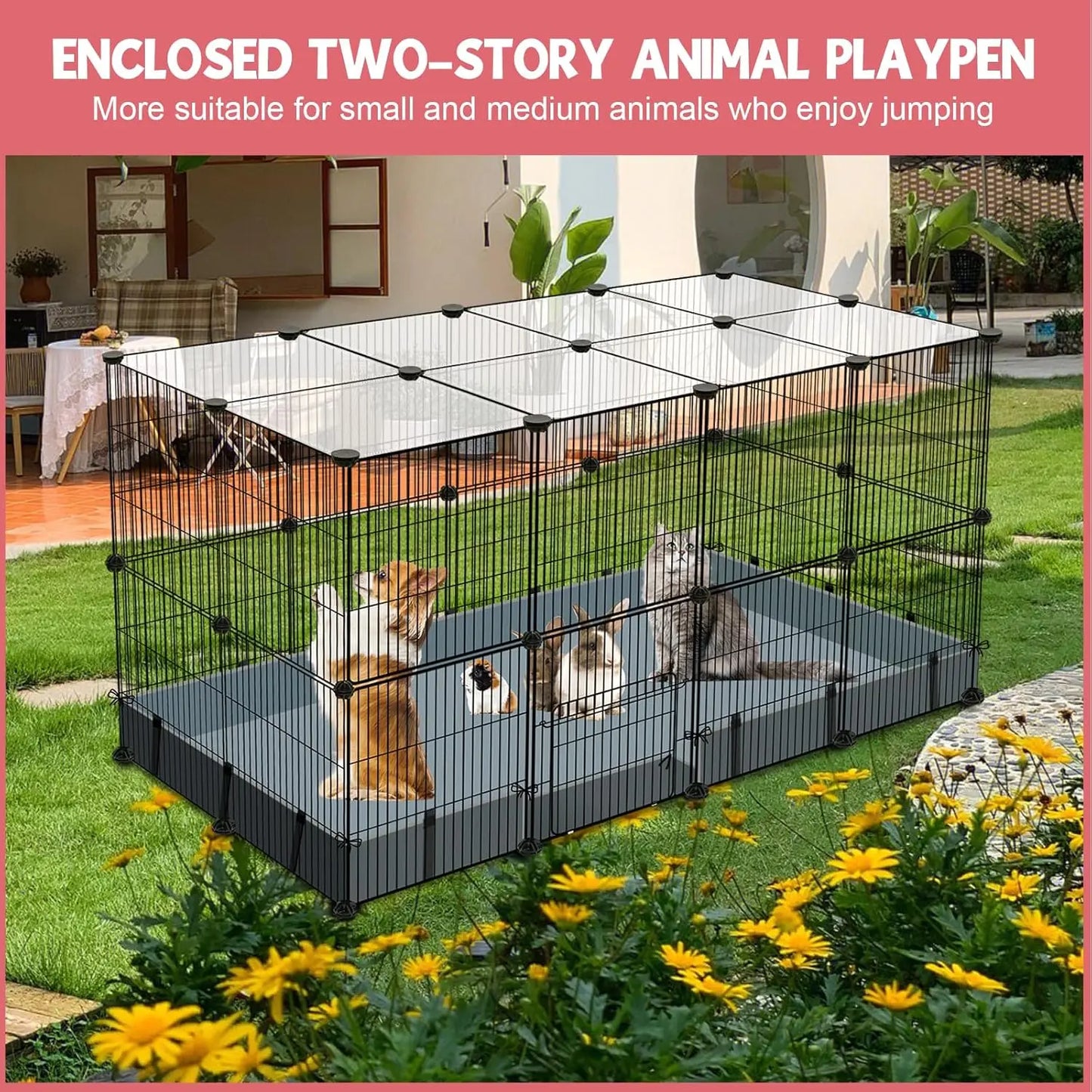 32-Panel Small Animal Playpen with Waterproof Mat, Portable Metal Fence for Guinea Pigs, Rabbits, Puppies Indoor/Outdoor