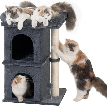 24in Cat Tree Tower with Scratching Post, Window Perch Bed for Large Cats, 2 Condo Cubbies for Kittens, Dark Gray