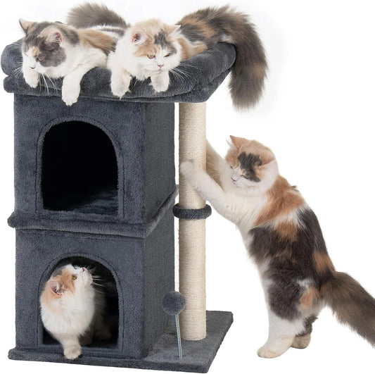 24in Cat Tree Tower with Scratching Post, Window Perch Bed for Large Cats, 2 Condo Cubbies for Kittens, Dark Gray