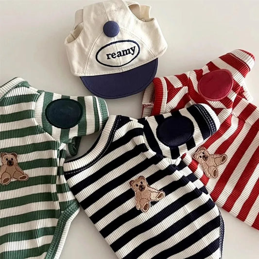 Summer Pet Shirt. Cute Striped Dog Clothes with Bear Print. Breathable Cat Pullovers. Pet Sweatshirts. Dog Apparel
