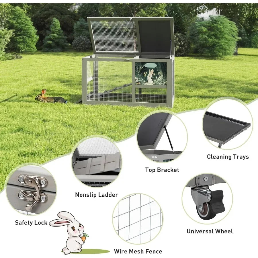 Fashionable Wood 36" Rabbit Hutch Indoor/Outdoor, on Wheels Bunny/Rabbit Cage with Clean Tray. Openable Roof