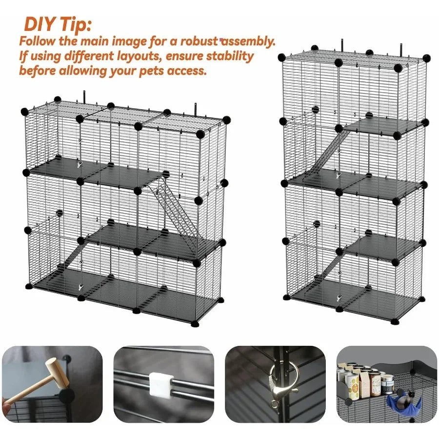 3 Tier Indoor Large Wire Cat Cage with DIY Playpen. Design for 12 Cats/Kittens, Guinea Pigs, Ferrets, Chinchillas and Rabbits Versa