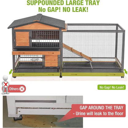 Rabbit Hutch with Chew-Resistant Metal Frame. Indoor Bunny Cage, Outdoor Rabbit Cage with Wheels and Leakproof Tray