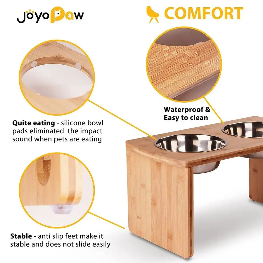 Bamboo Raised Bowls for Large & Medium Dogs with 2 Stainless Steel Bowls 10 Tall, 48 oz Bowls