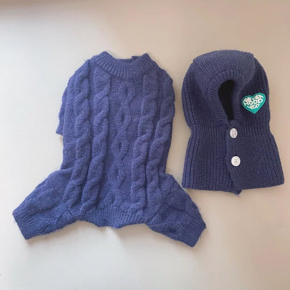 Autumn and Winter Pet Four Legged Knitted Warm Jumpsuit With Hat.