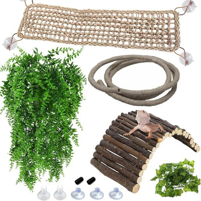 Reptile Bridge Hammock. Jungle Climbing Vines and Leaves with Suction Cup. Habitat Decorations for Hiding and Climbing for Snakes & Geckos