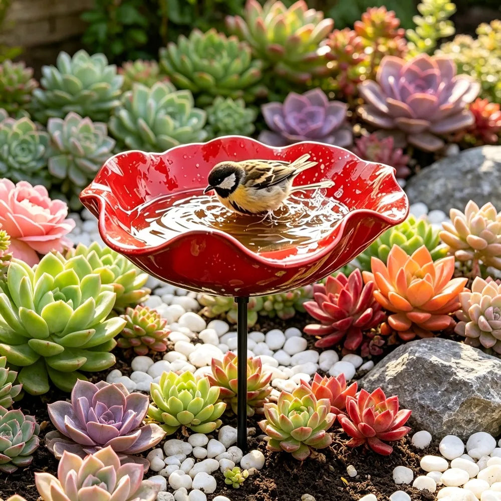 Bird Bath. Flower Shaped Metal Birdbath with Ground Stake. Water Feeder Bowl for Outdoor Garden/Patio.  Decorative Wild Bird Feeder