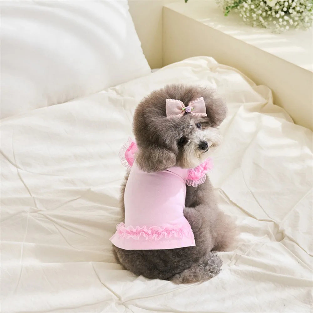 Lace Pet Summer Vest. Soft, Flying Sleeve, Base Skirt, Breathable Dog Clothes.