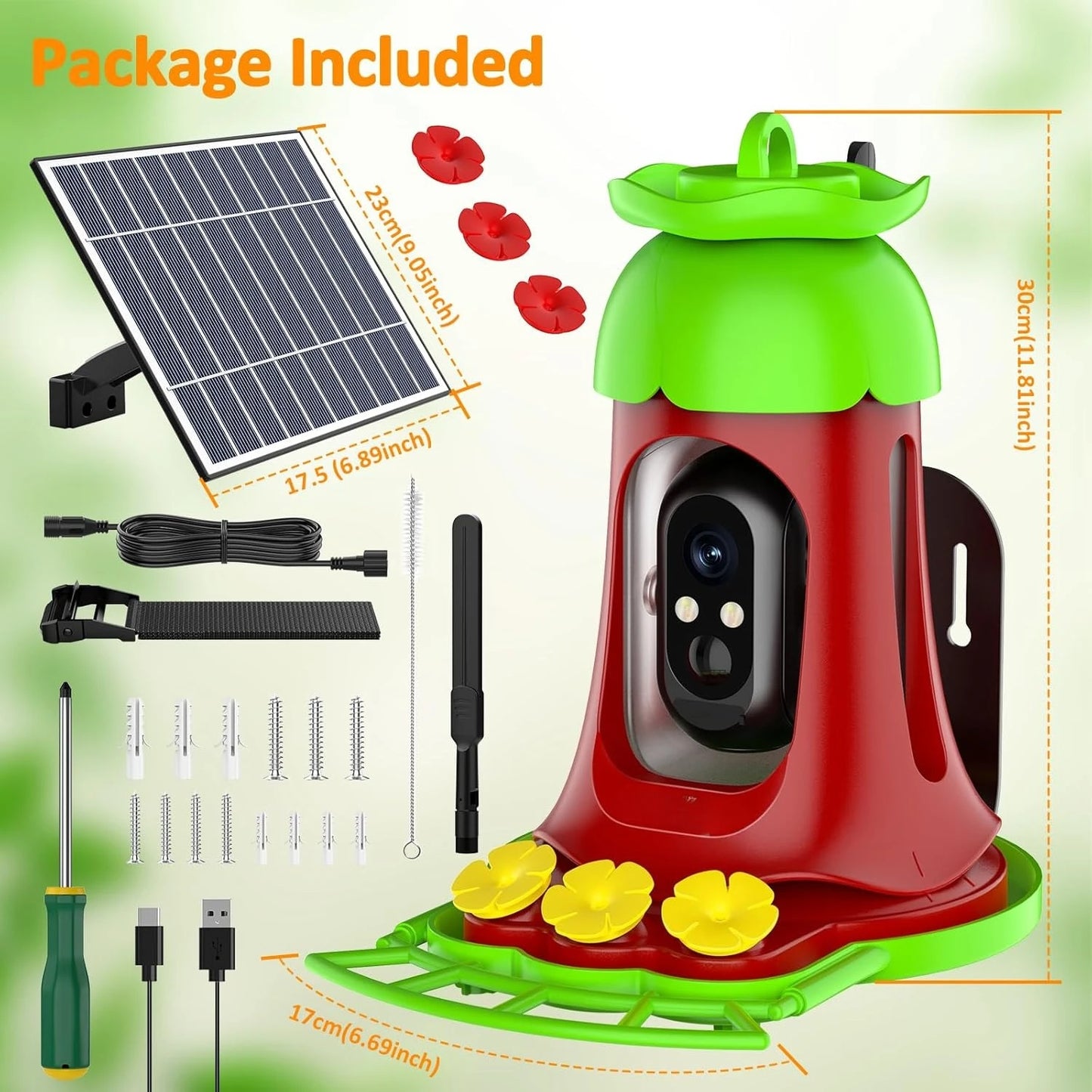 Hummingbird Feeder with Camera, 7W Solar-Powered, Smart Bird Feeder. Camera with SD Card, Anti-Ant Moat ,Outdoor Bird Raising Camera
