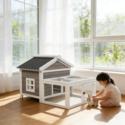 Small Rabbit Cage. Indoor Rabbit Hutch with Run, Wooden. 2-Zone Design. Waterproof Roof