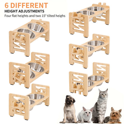 Elevated Small Dog Cat Bowls. Tilted, Adjustable Feeder Stand with 2 Stainless Steel Bowls for Puppies & Cats