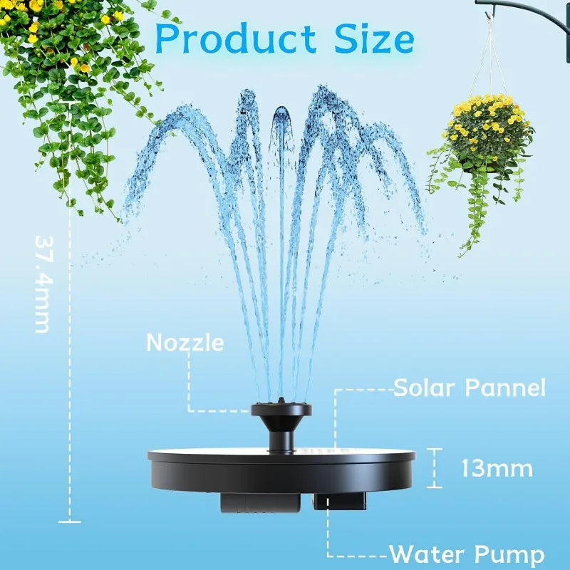 New 1W/1.5W/2.5W/3.5W Outdoor Solar Fountain, Water Pump Bird Bath Fountain with 6 Nozzles Suitable for Courtyard Garden Pools