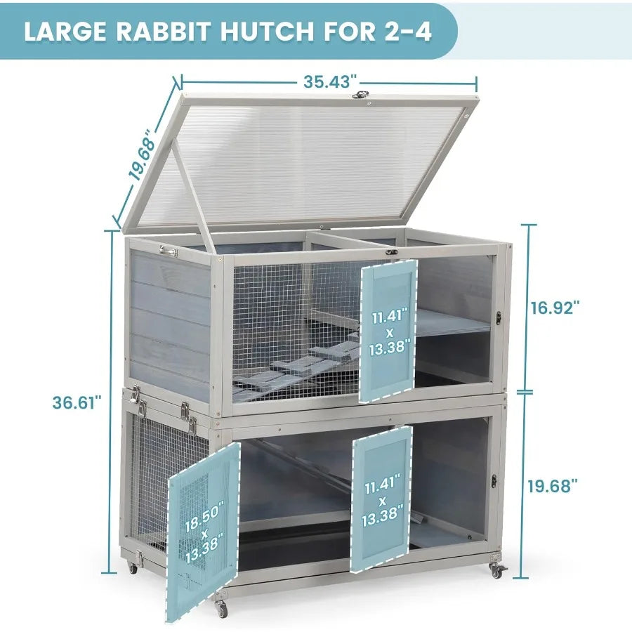 Weatherproof Wooden Rabbit Hutch for Indoor/ Outdoor Use with Two Stories. Portable Pet House with Wheels Easy-to-Clean & Pull-Out