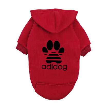 "Adidog" Style Dog Hoodie - Fleece Lined Pet Sweatshirt with Paw Logo - Casual Small Dog Outfit Jumper - Grey