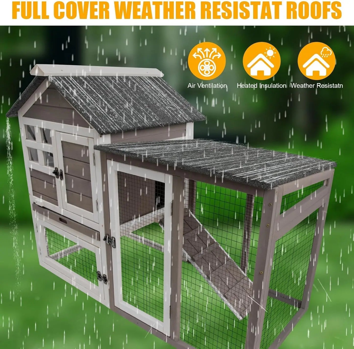 Rabbit Hutch, 2-Story Bunny Cage. Indoor/Outdoor with Pull Out Tray, Waterproof Roof and Anti-Slip Ramp, Wooden Chicken Coop for Outdoor