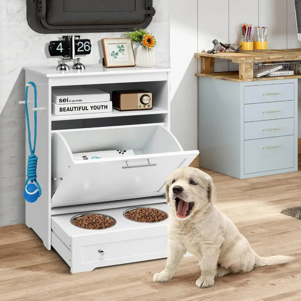 Pet Feeder Station, Dog Food Storage Container with Double Pull Out Dog Bowls, Pet Food & Toy Cabinet,