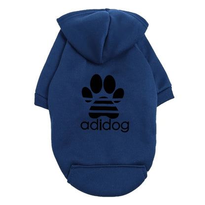 "Adidog" Style Dog Hoodie - Fleece Lined Pet Sweatshirt with Paw Logo - Casual Small Dog Outfit Jumper - Grey