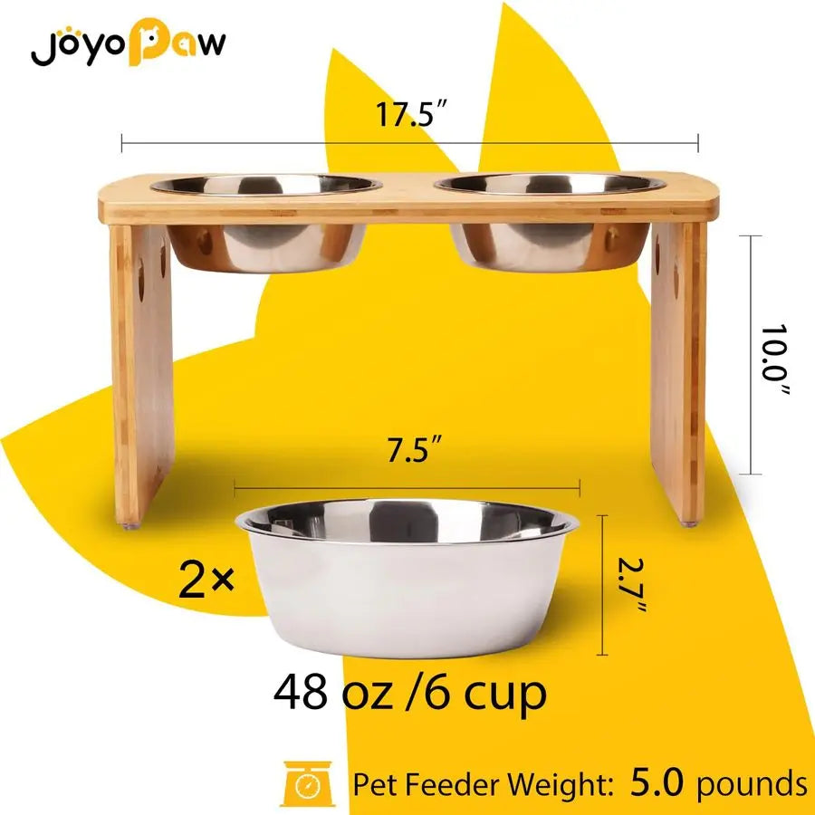 Bamboo Raised Bowls for Large & Medium Dogs with 2 Stainless Steel Bowls 10 Tall, 48 oz Bowls