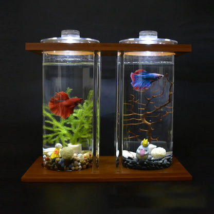 Glass Betta Fish Tank with LED Light. Bamboo Base ,Mini Aquarium Set for Desktop Home Office Decoration 2 Tanks