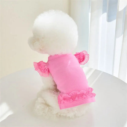Lace Pet Summer Vest. Soft, Flying Sleeve, Base Skirt, Breathable Dog Clothes.