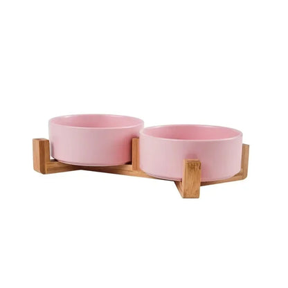 Ceramic Pet Bowl  With Wood Stand. No Spill Pet Double Bowl For Dogs & Cats Food & Water Feeder. Cats & Small Dogs