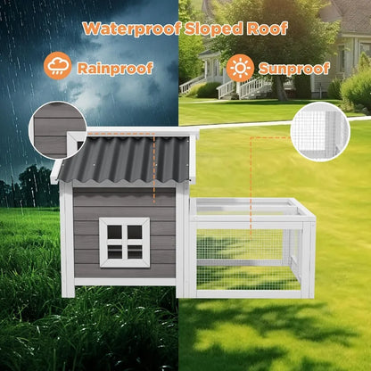 Small Rabbit Cage. Indoor Rabbit Hutch with Run, Wooden. 2-Zone Design. Waterproof Roof