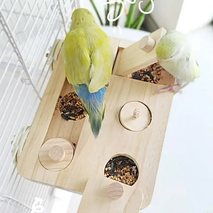 Bird Activity. Wooden Foraging Platform with Enrichment. Puzzle Sliding Block. Parrots Perch Toy with Compartments