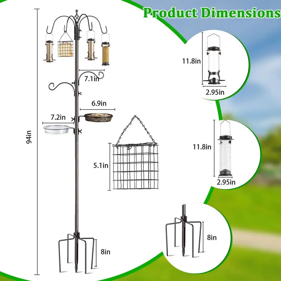 Feeding Station Kit, 94 Inch Metal Birds Feeder Stand Pole with 6 Hooks, Bird Bath and Mesh Tray, 5 Prong Base