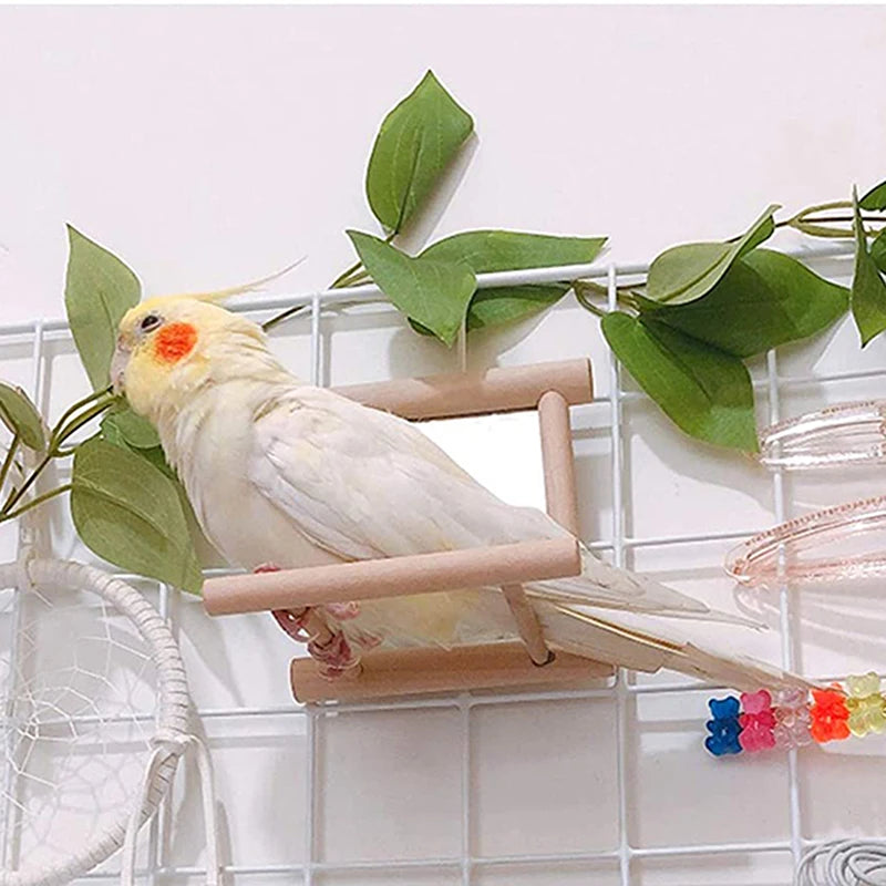 Bird Mirror Wooden Interactive Play Toy. With Perch For Small Parrot, Budgies, Parakeet, Cockatiel, Conure and Lovebird Cage Accessories