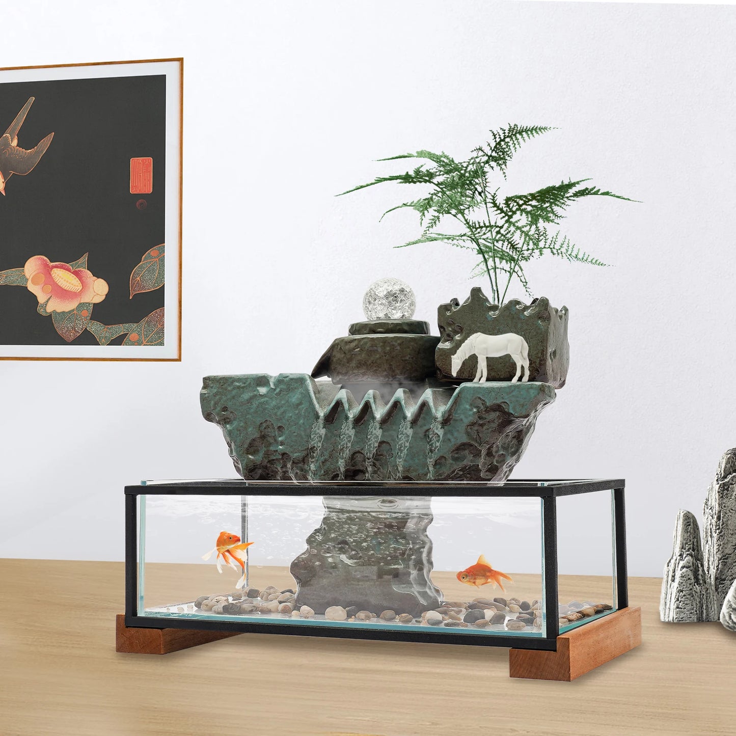 Clear Tabletop Eco Fish Tank Water Fountains, Rectangular Indoor Water Fall Decor for Meditation with Mist for Good Luck Wealth
