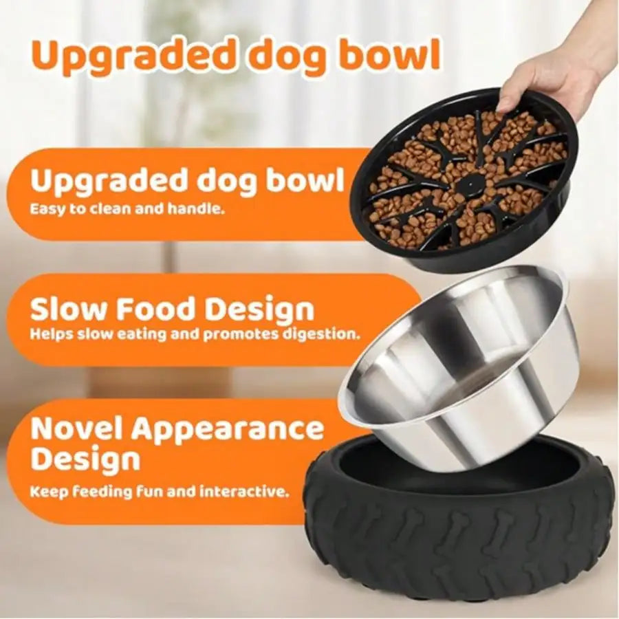 3-in-1 Stainless Steel, Slow Feed Dog Bowl - Non-Slip Suction Cup Feeder