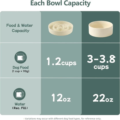 Ceramic Raised Slow Feeder Dog Bowl Set with Wooden Stand for Medium and Small Dogs, Anti-Gulping Design in Beige