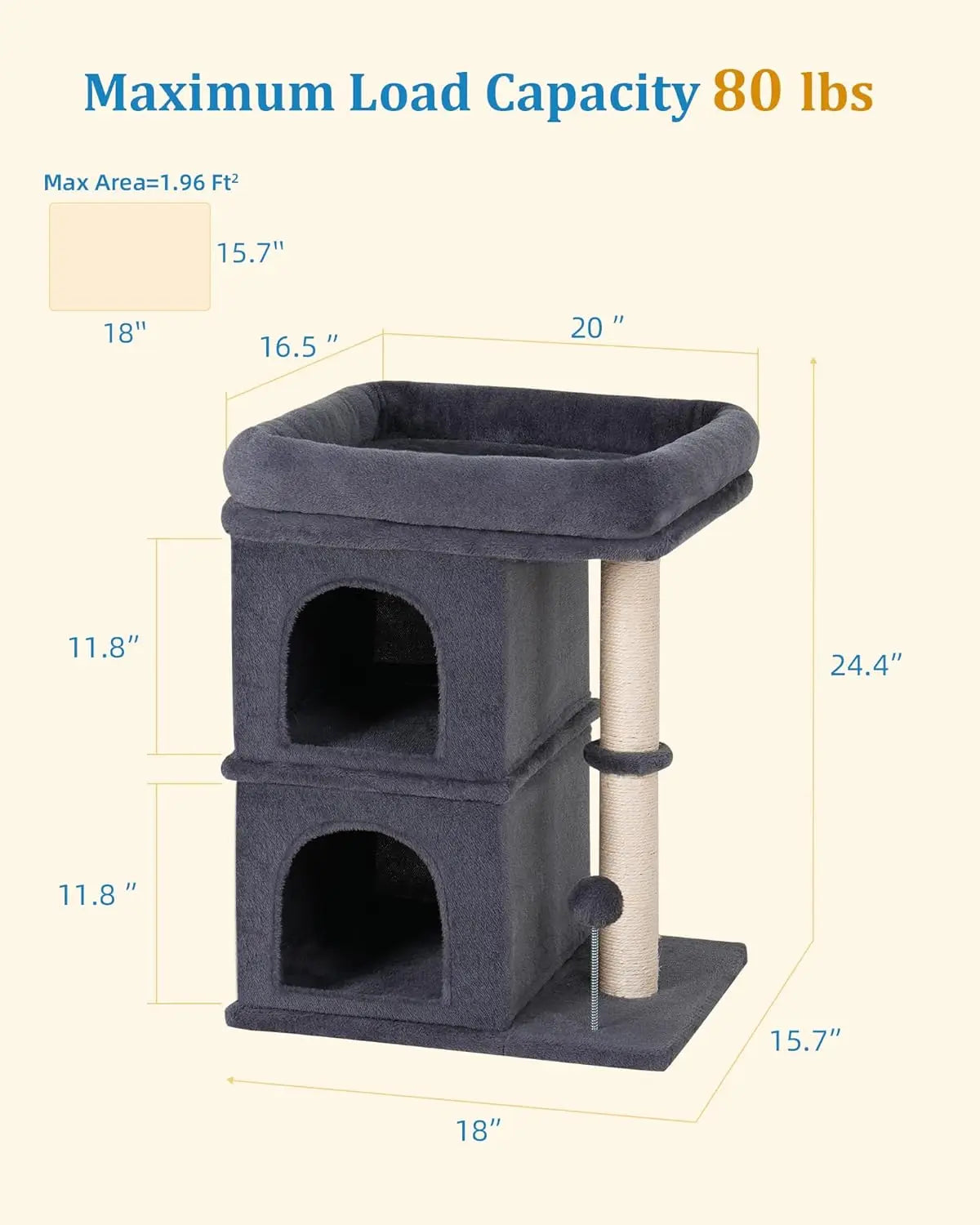24in Cat Tree Tower with Scratching Post, Window Perch Bed for Large Cats, 2 Condo Cubbies for Kittens, Dark Gray
