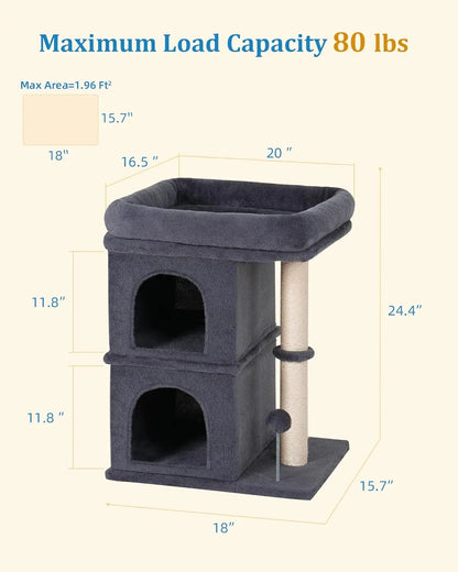 24in Cat Tree Tower with Scratching Post, Window Perch Bed for Large Cats, 2 Condo Cubbies for Kittens, Dark Gray