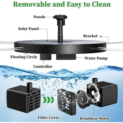 New 1W/1.5W/2.5W/3.5W Outdoor Solar Fountain, Water Pump Bird Bath Fountain with 6 Nozzles Suitable for Courtyard Garden Pools